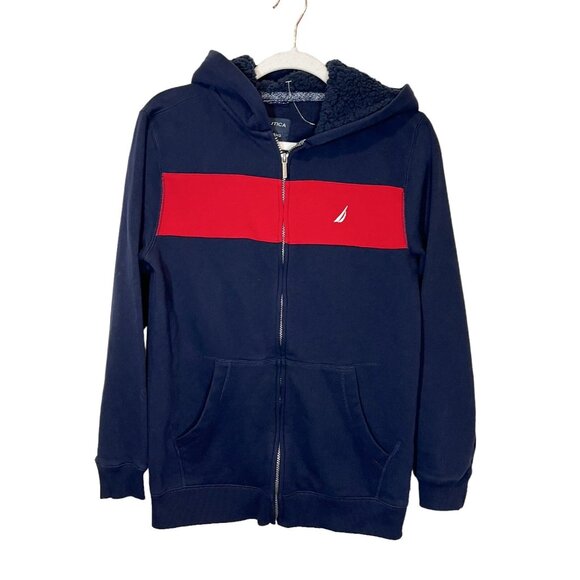 Nautica Boys Full Zip Up Sherpa Lined Hoodie Sweatshirt Navy Red XL 18/20 - Picture 1 of 8
